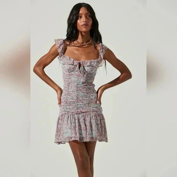 ASTR The Label OFF SHOULDER RUCHED FLORAL MINI DRESS - Picture 3 of 10